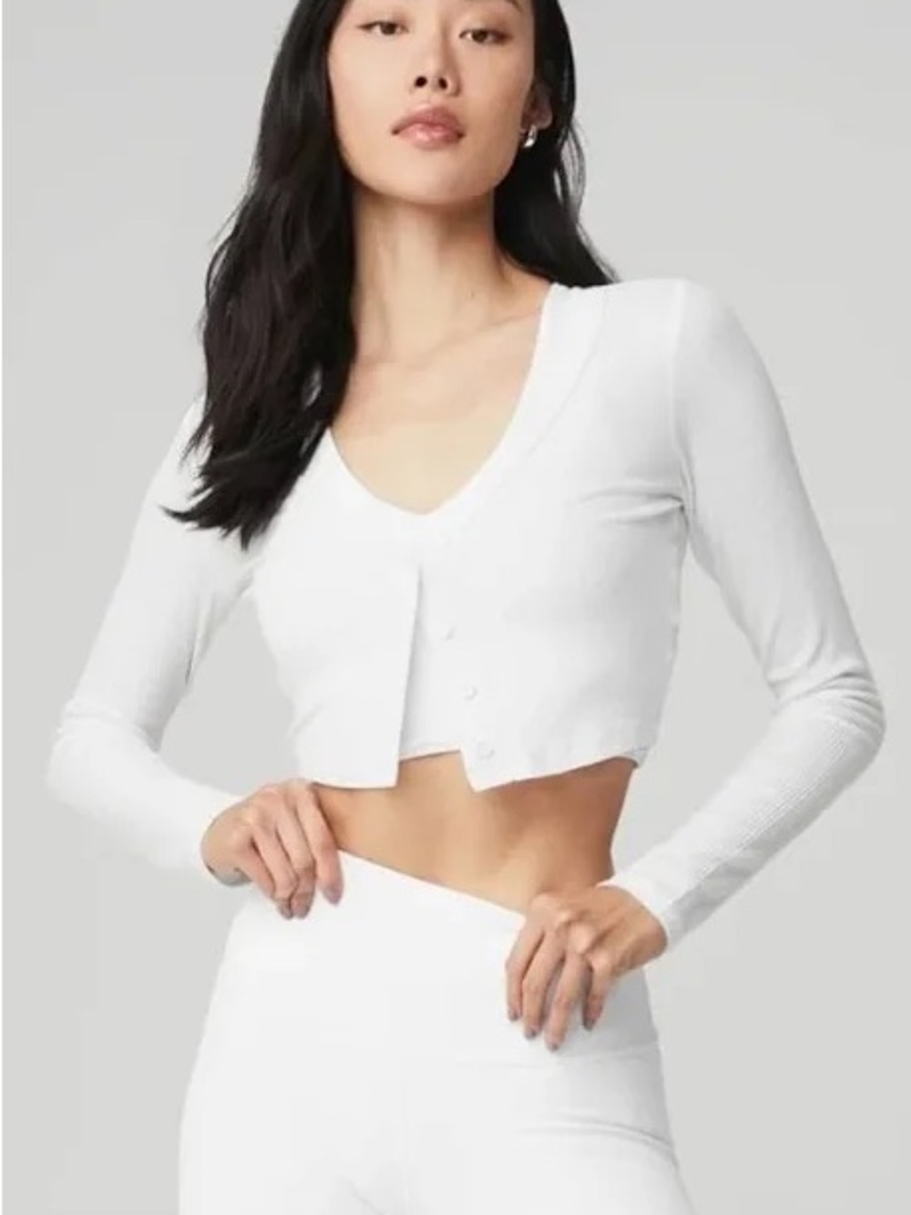 ALO Yoga White Long-Sleeve Cropped Cardigan Top